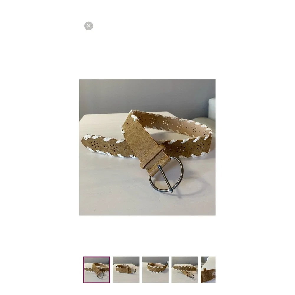 Tan Leather‎ Look Belt Eyelet Cutout White Stitching D Ring Buckle